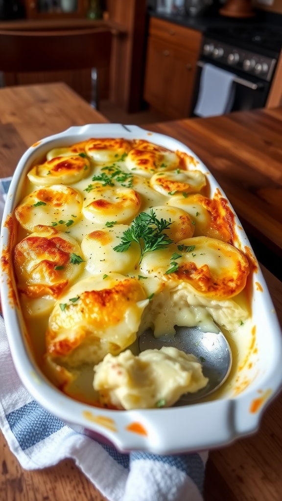 Baked four-cheese garlic scalloped potatoes in a casserole dish, garnished with parsley, on a rustic wooden table.